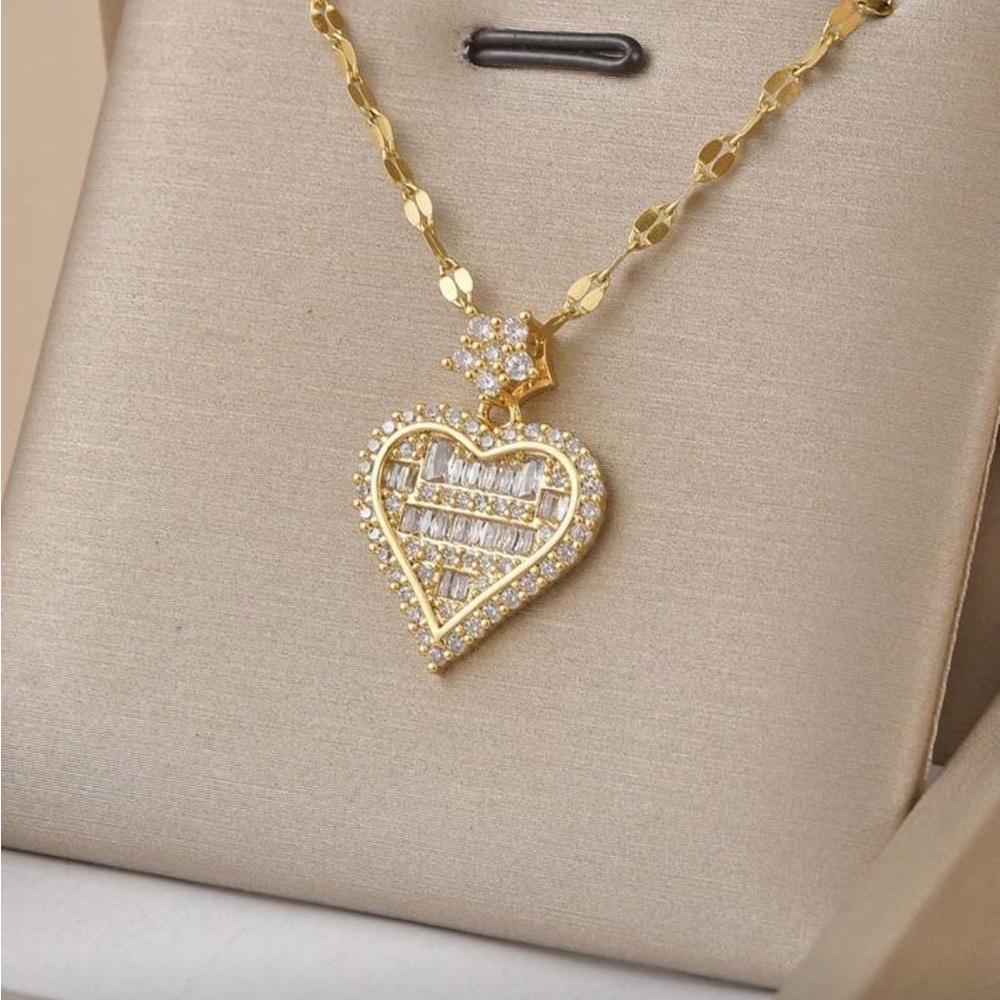 Gold Heart Pendant Necklace with Crystal Accents